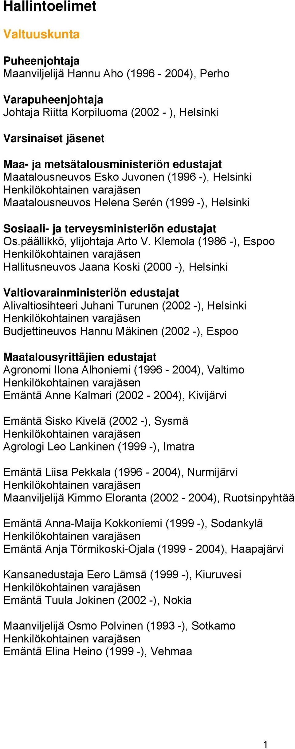 Klemola (1986 -), Espoo Hallitusneuvos Jaana Koski (2000 -), Helsinki Valtiovarainministeriön edustajat Alivaltiosihteeri Juhani Turunen (2002 -), Helsinki Budjettineuvos Hannu Mäkinen (2002 -),