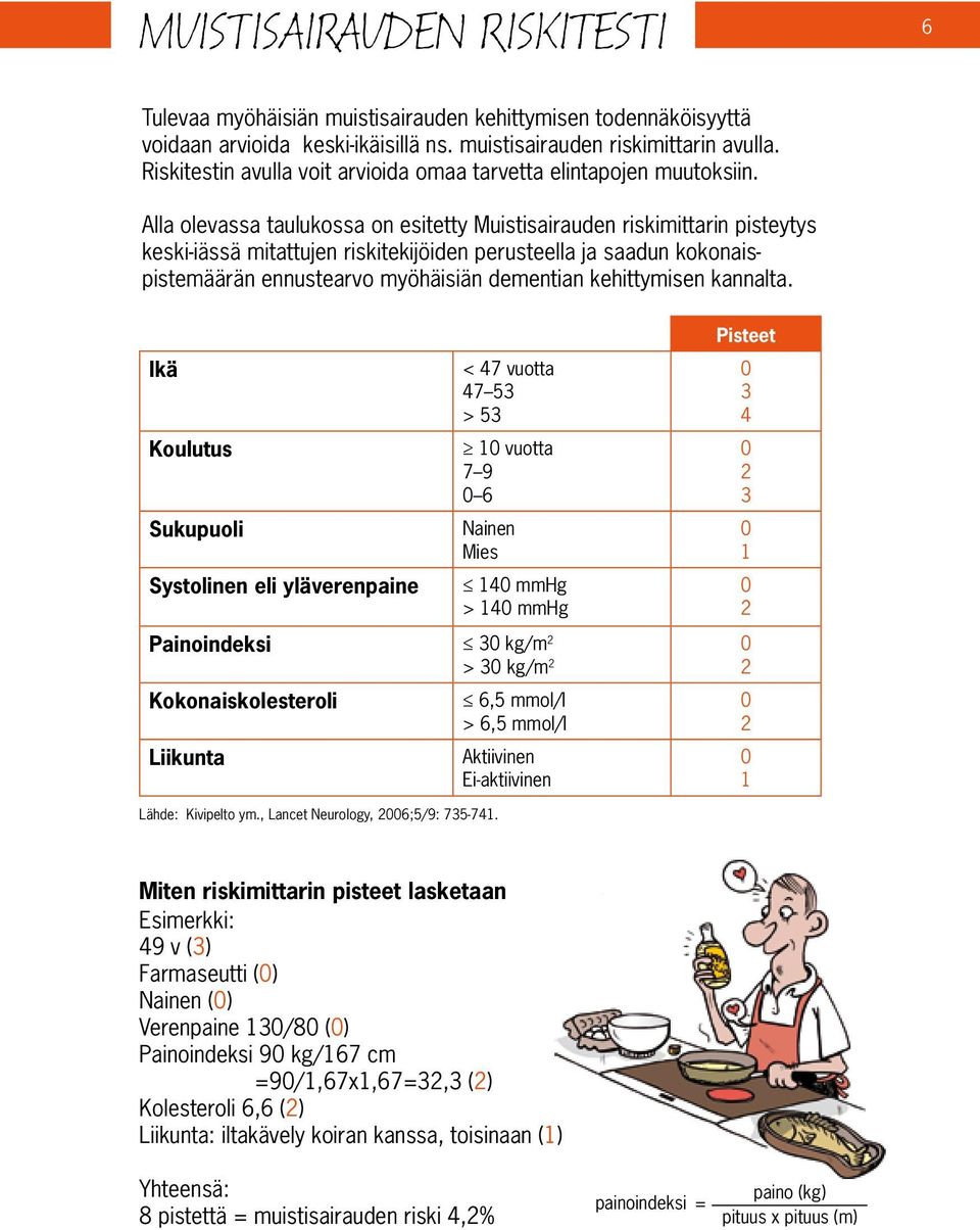 Alla olevassa taulukossa on esitetty Muistisairauden riskimittarin pisteytys keski-iässä mitattujen riskitekijöiden perusteella ja saadun kokonaispistemäärän ennustearvo myöhäisiän dementian