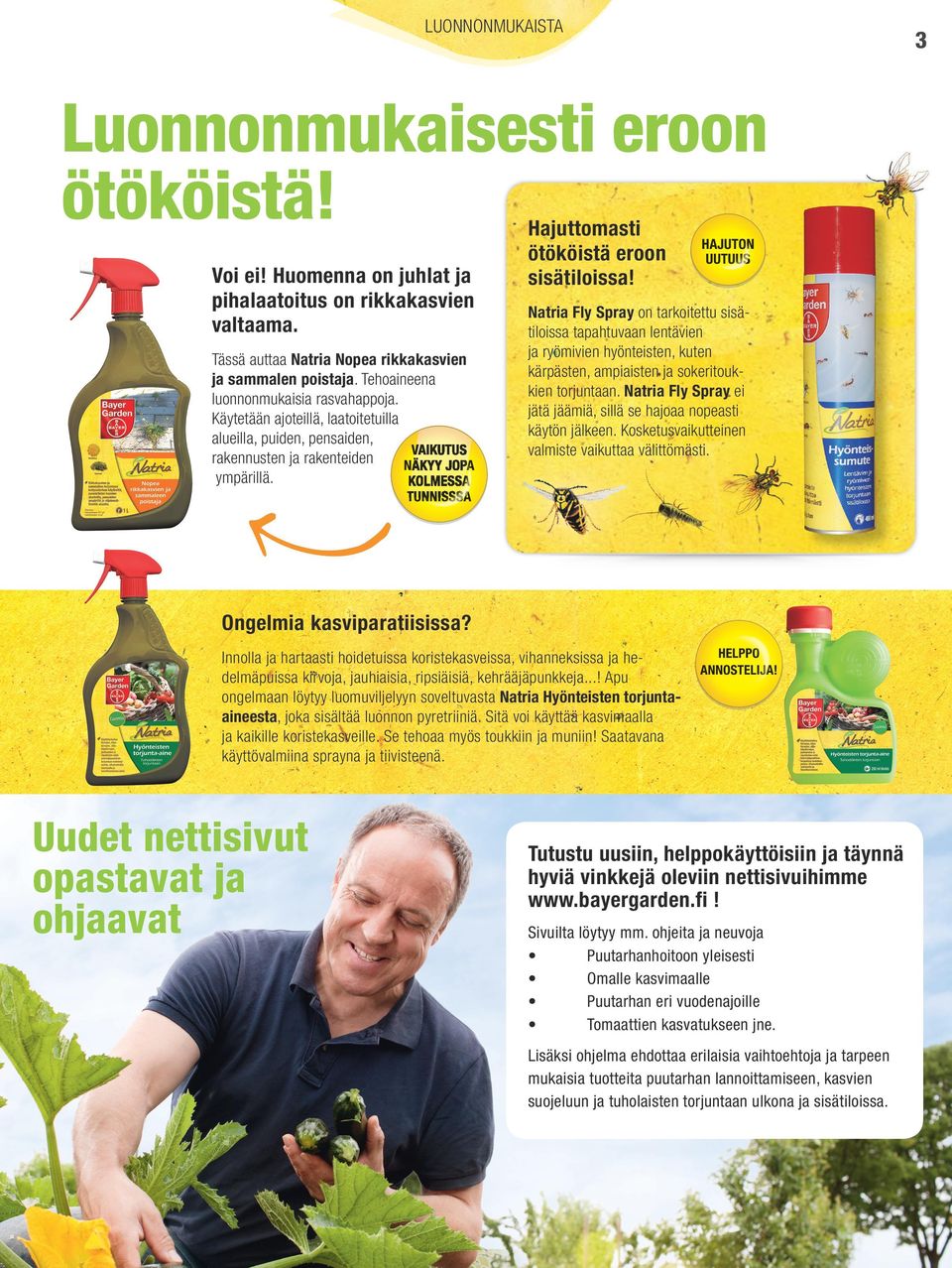 Natria Fly Spray on tarkoitettu sisätiloissa tapahtuvaan lentävien ja ryömivien hyönteisten, kuten kärpästen, ampiaisten ja sokeritoukkien torjuntaan.