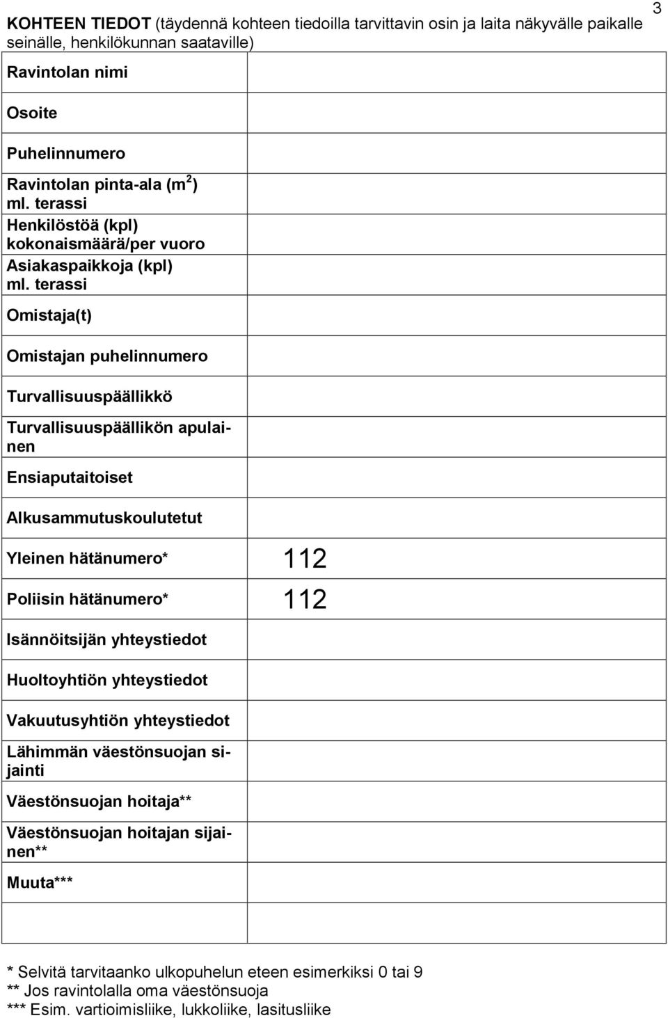 terassi Omistaja(t) Omistajan puhelinnumero Turvallisuuspäällikkö Turvallisuuspäällikön apulainen Ensiaputaitoiset Alkusammutuskoulutetut Yleinen hätänumero* 112 Poliisin hätänumero* 112