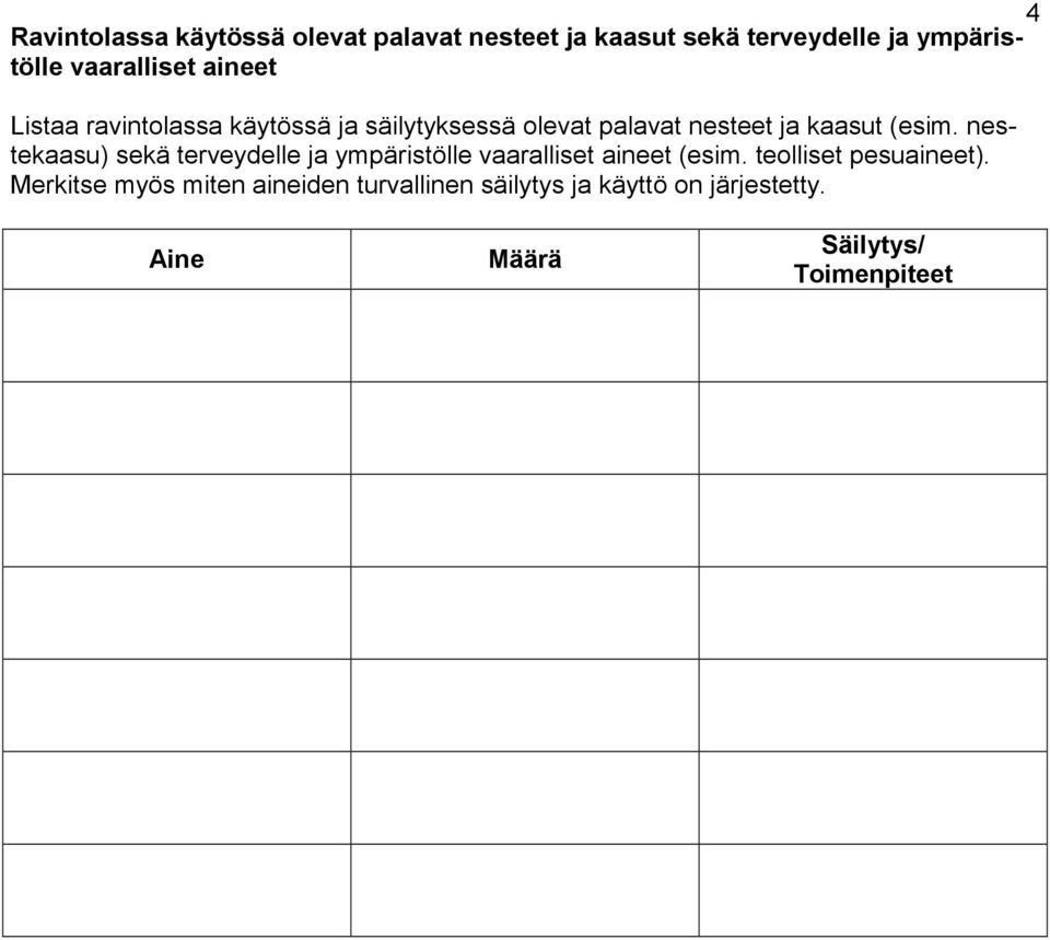 (esim. nestekaasu) sekä terveydelle ja ympäristölle vaaralliset aineet (esim. teolliset pesuaineet).