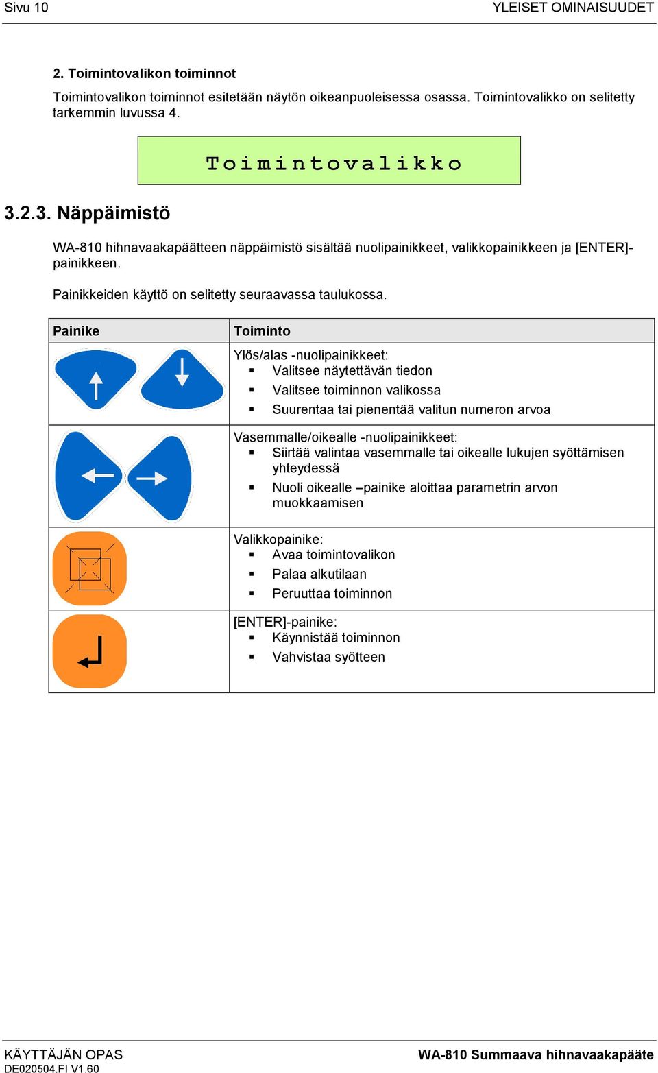 Painike Toiminto Ylös/alas -nuolipainikkeet: Valitsee näytettävän tiedon Valitsee toiminnon valikossa Suurentaa tai pienentää valitun numeron arvoa Vasemmalle/oikealle -nuolipainikkeet: Siirtää