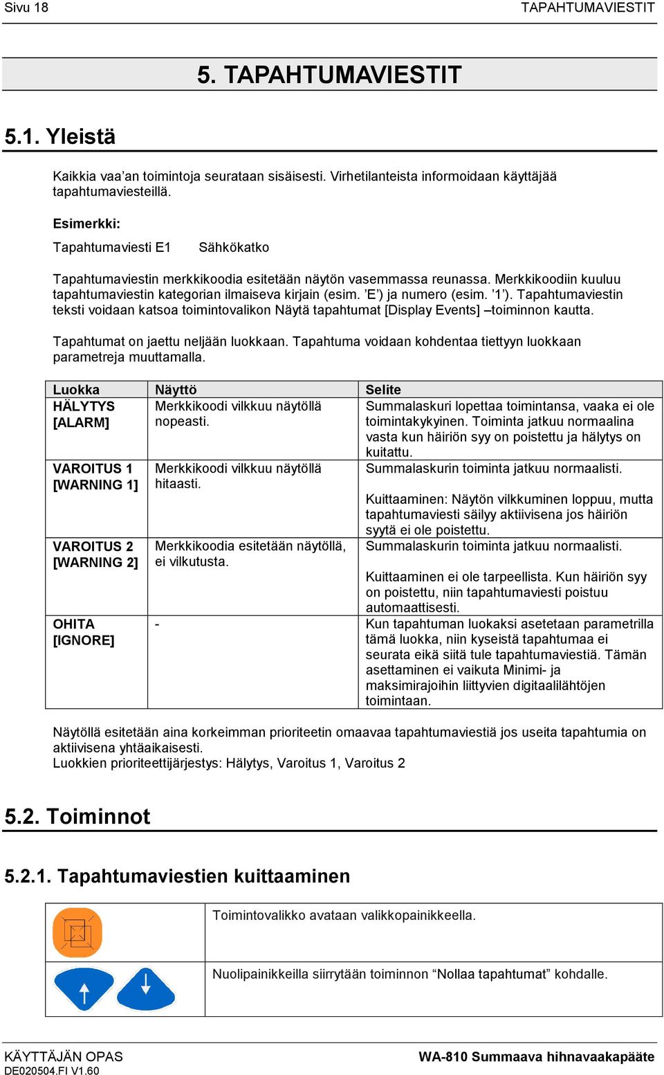 E ) ja numero (esim. 1 ). Tapahtumaviestin teksti voidaan katsoa toimintovalikon Näytä tapahtumat [Display Events] toiminnon kautta. Tapahtumat on jaettu neljään luokkaan.