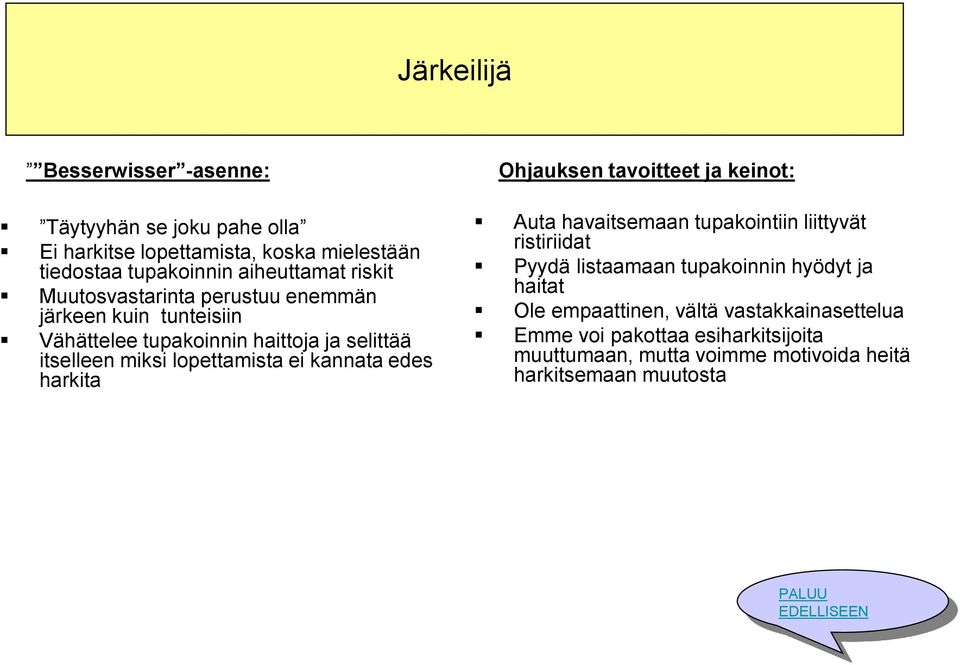 harkita Ohjauksen tavoitteet ja keinot: Auta havaitsemaan tupakointiin liittyvät ristiriidat Pyydä listaamaan tupakoinnin hyödyt ja haitat Ole