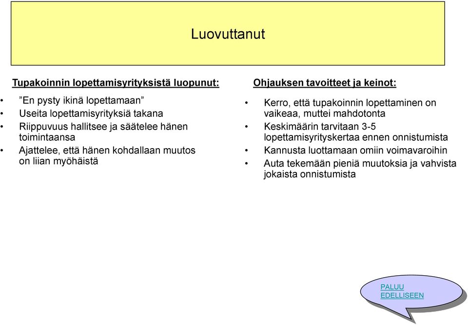 keinot: Kerro, että tupakoinnin lopettaminen on vaikeaa, muttei mahdotonta Keskimäärin tarvitaan 3-5 lopettamisyrityskertaa