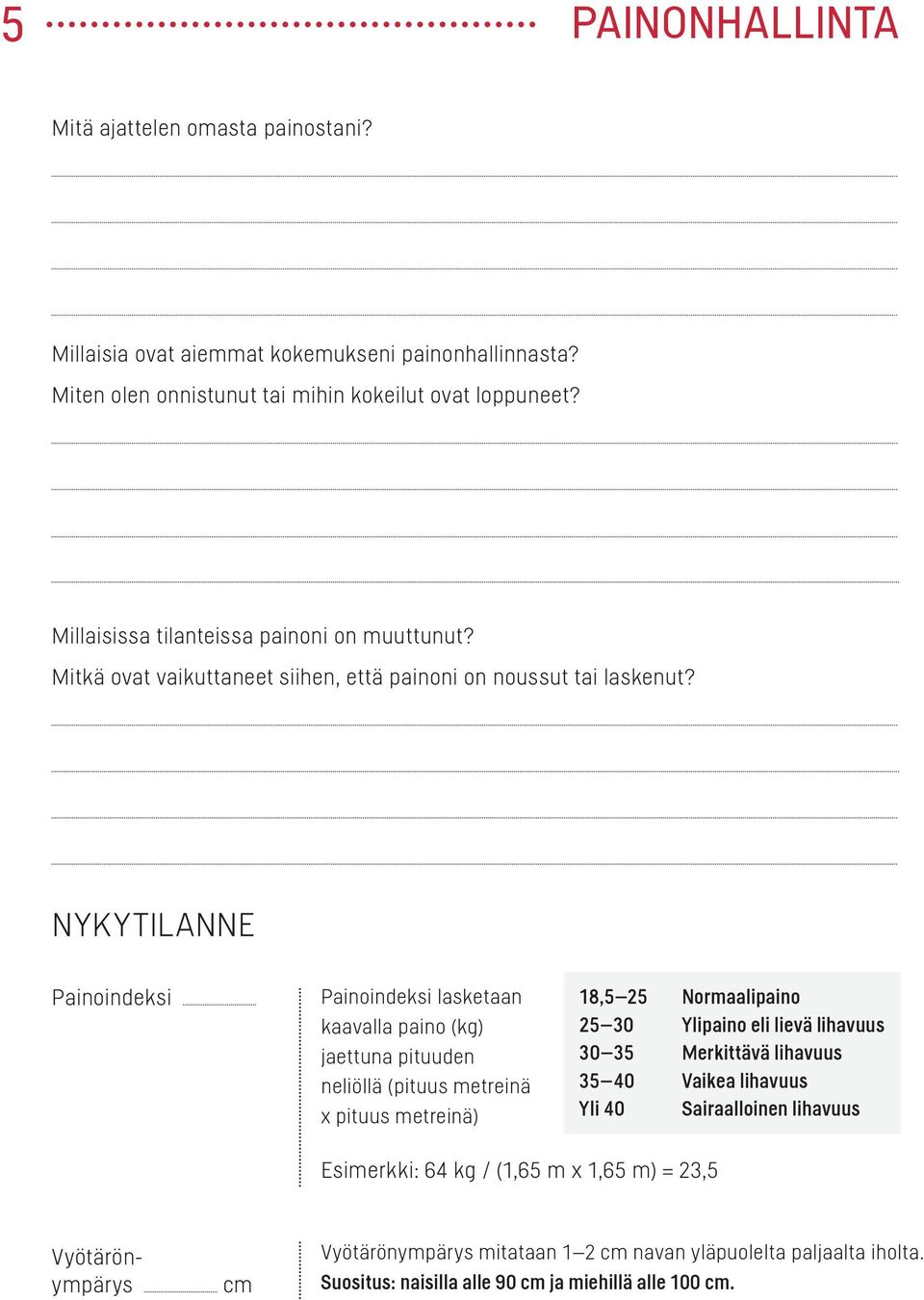 NYKYTILANNE Painoindeksi Painoindeksi lasketaan kaavalla paino (kg) jaettuna pituuden neliöllä (pituus metreinä x pituus metreinä) 18,5 25 Normaalipaino 25 30 Ylipaino eli lievä