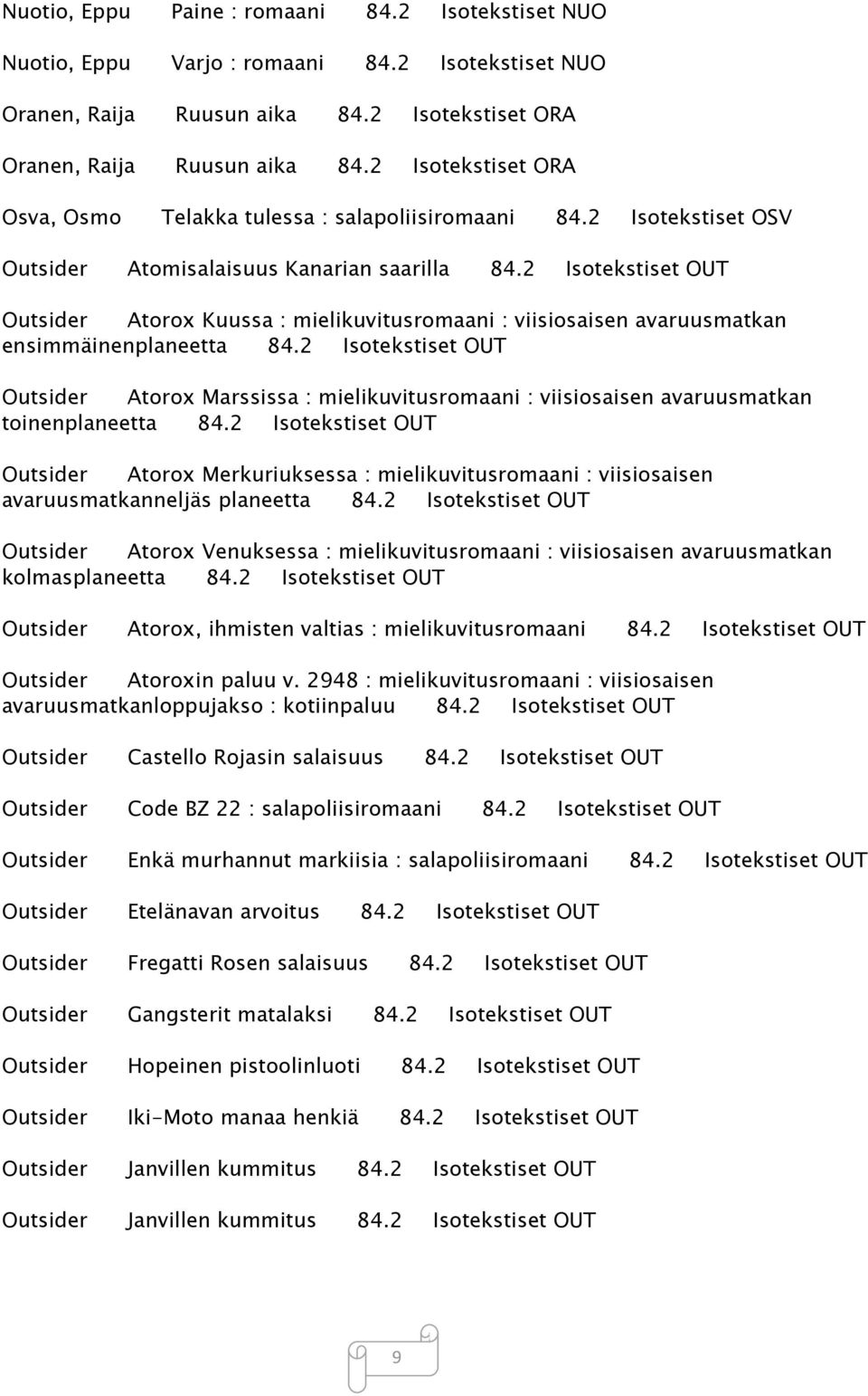 2 Isotekstiset OUT Outsider Atorox Kuussa : mielikuvitusromaani : viisiosaisen avaruusmatkan ensimmäinenplaneetta 84.