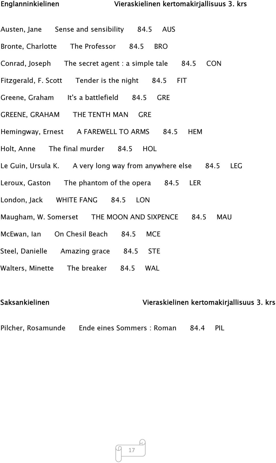 5 HEM Holt, Anne The final murder 84.5 HOL Le Guin, Ursula K. A very long way from anywhere else 84.5 LEG Leroux, Gaston The phantom of the opera 84.5 LER London, Jack WHITE FANG 84.5 LON Maugham, W.