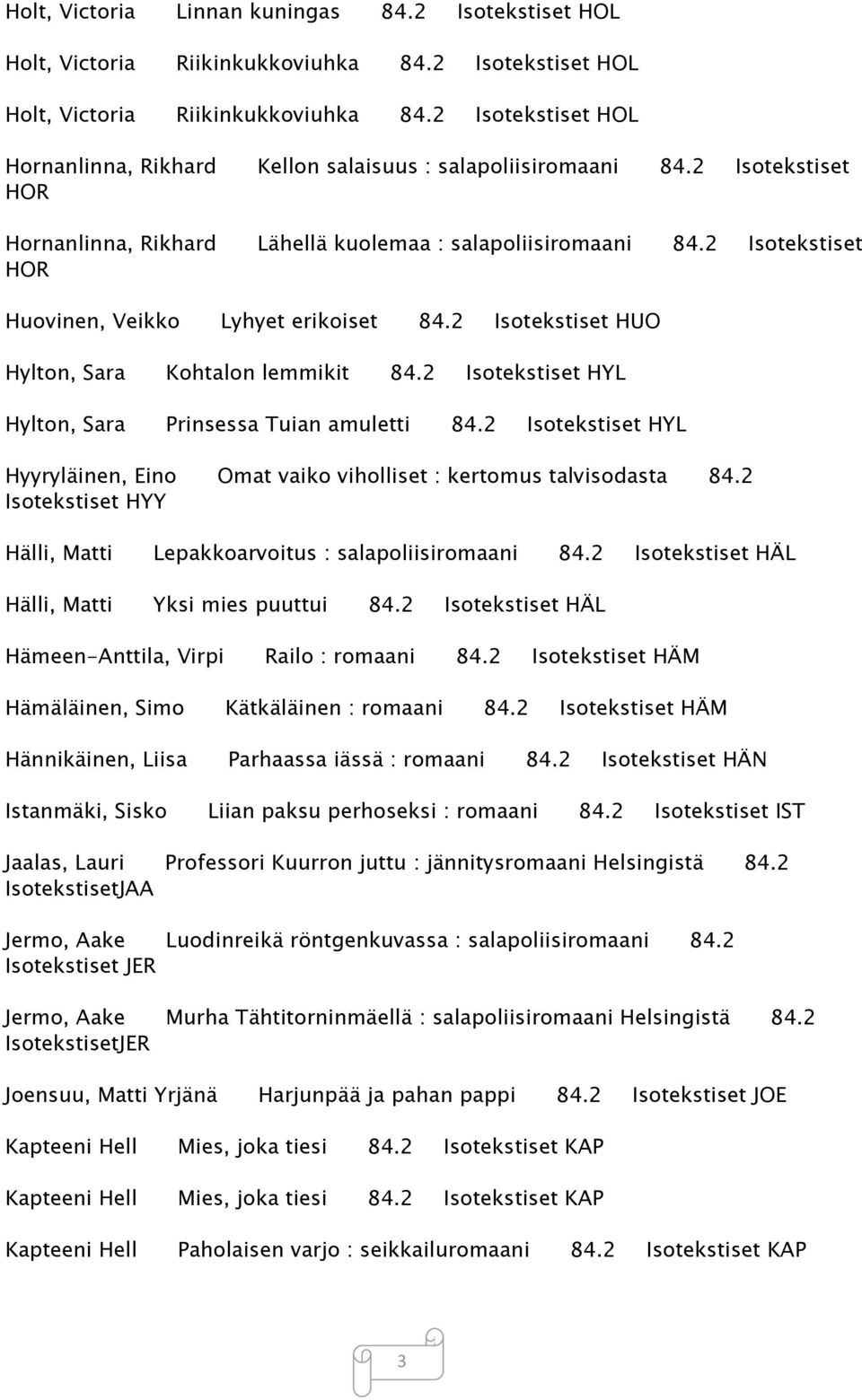 2 Isotekstiset HYL Hylton, Sara Prinsessa Tuian amuletti 84.2 Isotekstiset HYL Hyyryläinen, Eino Omat vaiko viholliset : kertomus talvisodasta 84.