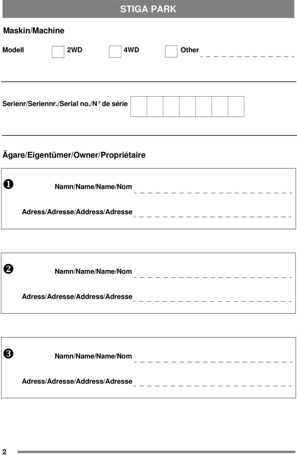 /n de série Ägare/Eigentümer/Owner/Propriétaire Namn/Name/Name/Nom