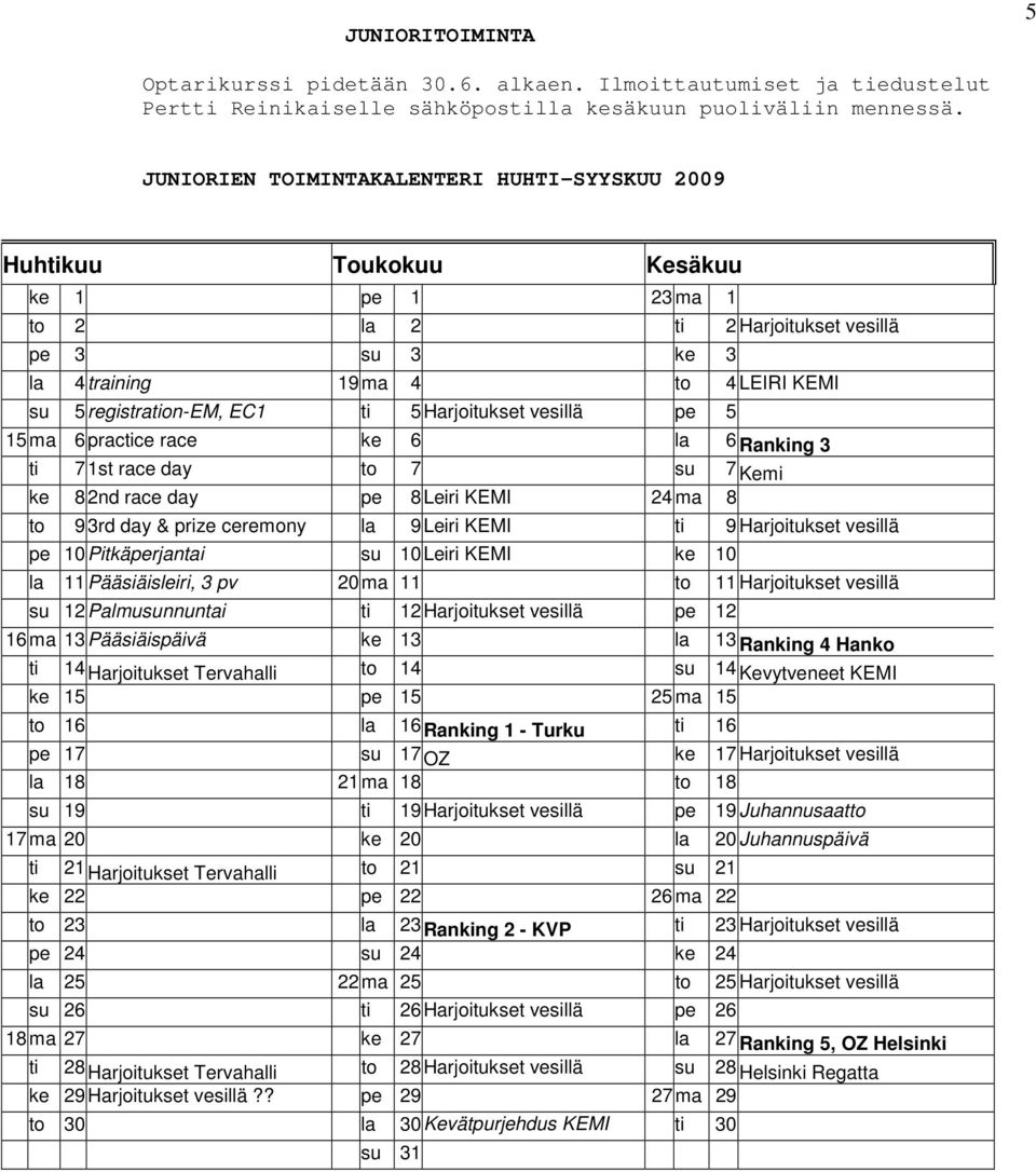 registration-em, EC1 ti 5 Harjoitukset vesillä pe 5 15 ma 6 practice race ke 6 la 6 Ranking 3 ti 71st race day to 7 su 7 Kemi ke 82nd race day pe 8 Leiri KEMI 24 ma 8 to 9 3rd day & prize ceremony la