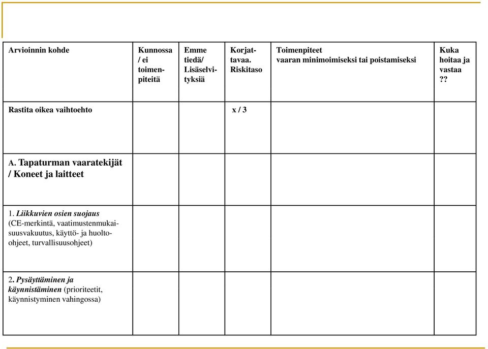 ? Rastita oikea vaihtoehto x / 3 A. Tapaturman vaaratekijät / Koneet ja laitteet 1.