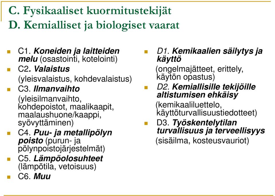 Puu- ja metallipölyn poisto (purun- ja pölynpoistojärjestelmät) C5. Lämpöolosuhteet (lämpötila, vetoisuus) C6. Muu D1.