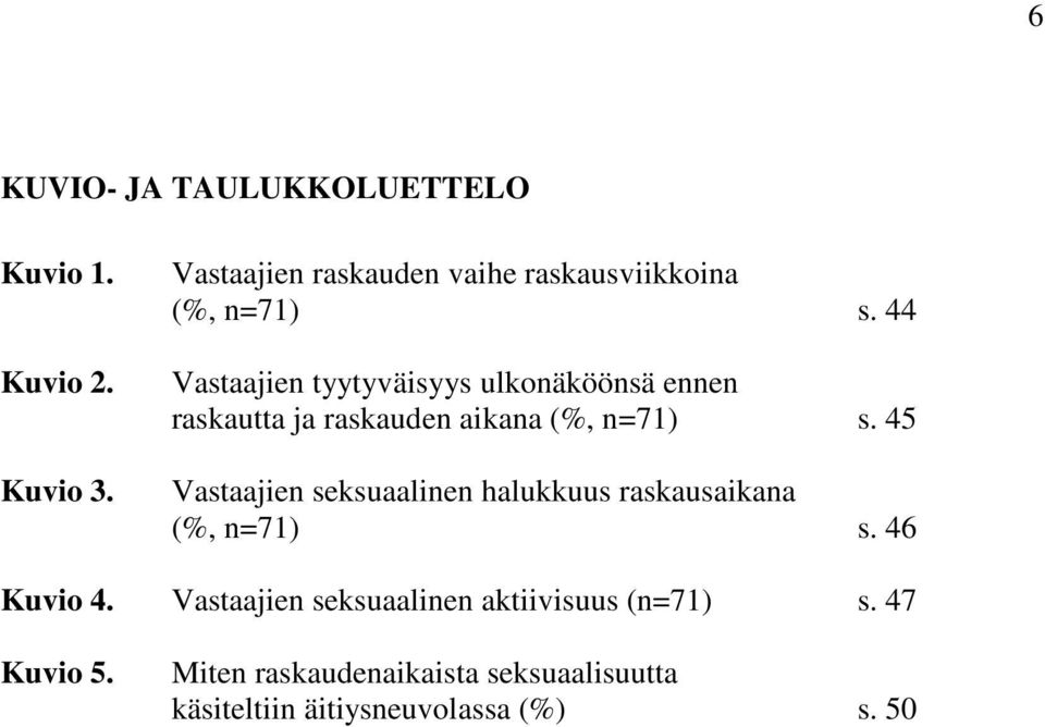 44 Vastaajien tyytyväisyys ulkonäköönsä ennen raskautta ja raskauden aikana (%, n=71) s.