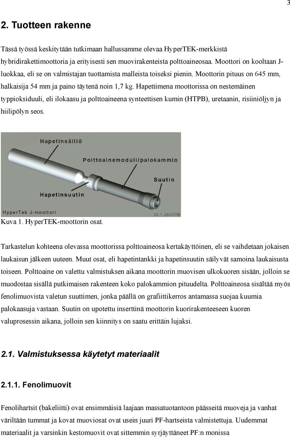 Hapettimena moottorissa on nestemäinen typpioksiduuli, eli ilokaasu ja polttoaineena synteettisen kumin (HTPB), uretaanin, risiiniöljyn ja hiilipölyn seos. Kuva 1. HyperTEK-moottorin osat.