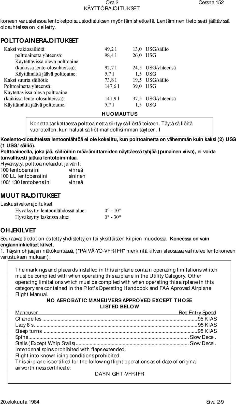 Käyttämättä jäävä polttoaine: 5,7 l 1,5 USG Kaksi suurta säiliötä: 73,8 l 19,5 USG/säiliö Polttoainetta yhteensä: 147,6 l 39,0 USG Käytettävissä oleva polttoaine (kaikissa lento-olosuhteissa): 141,9