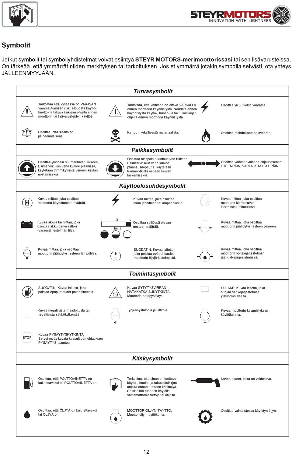 Noudata käyttö-, huolto- ja takuukäsikirjan ohjeita ennen moottorin tai lisävarusteiden käyttöä Tarkoittaa, että vaihteen on oltava VAPAALLA ennen moottorin käynnistystä.