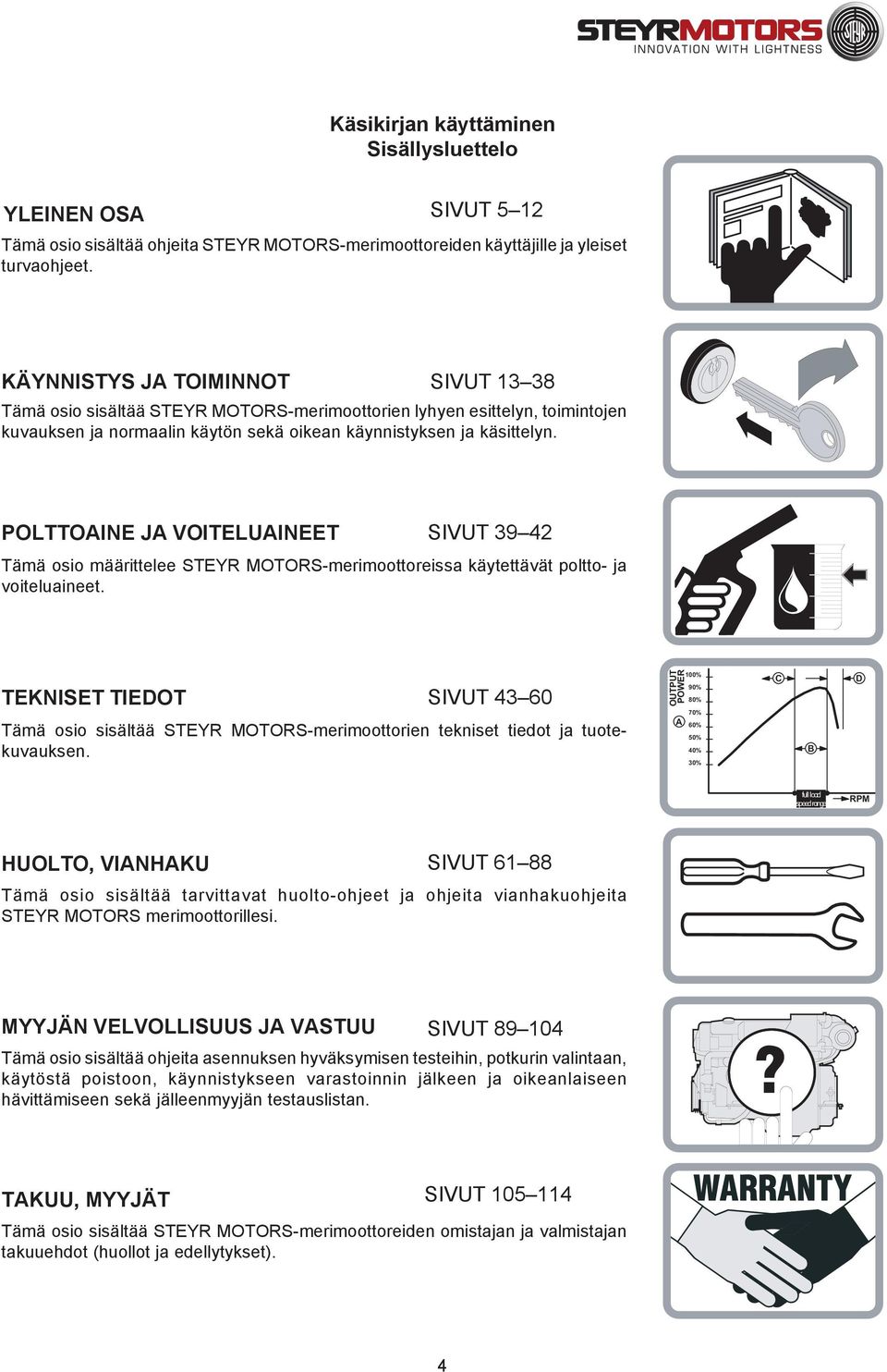 POLTTOAINE JA VOITELUAINEET SIVUT 39 42 Tämä osio määrittelee STEYR MOTORS-merimoottoreissa käytettävät poltto- ja voiteluaineet.