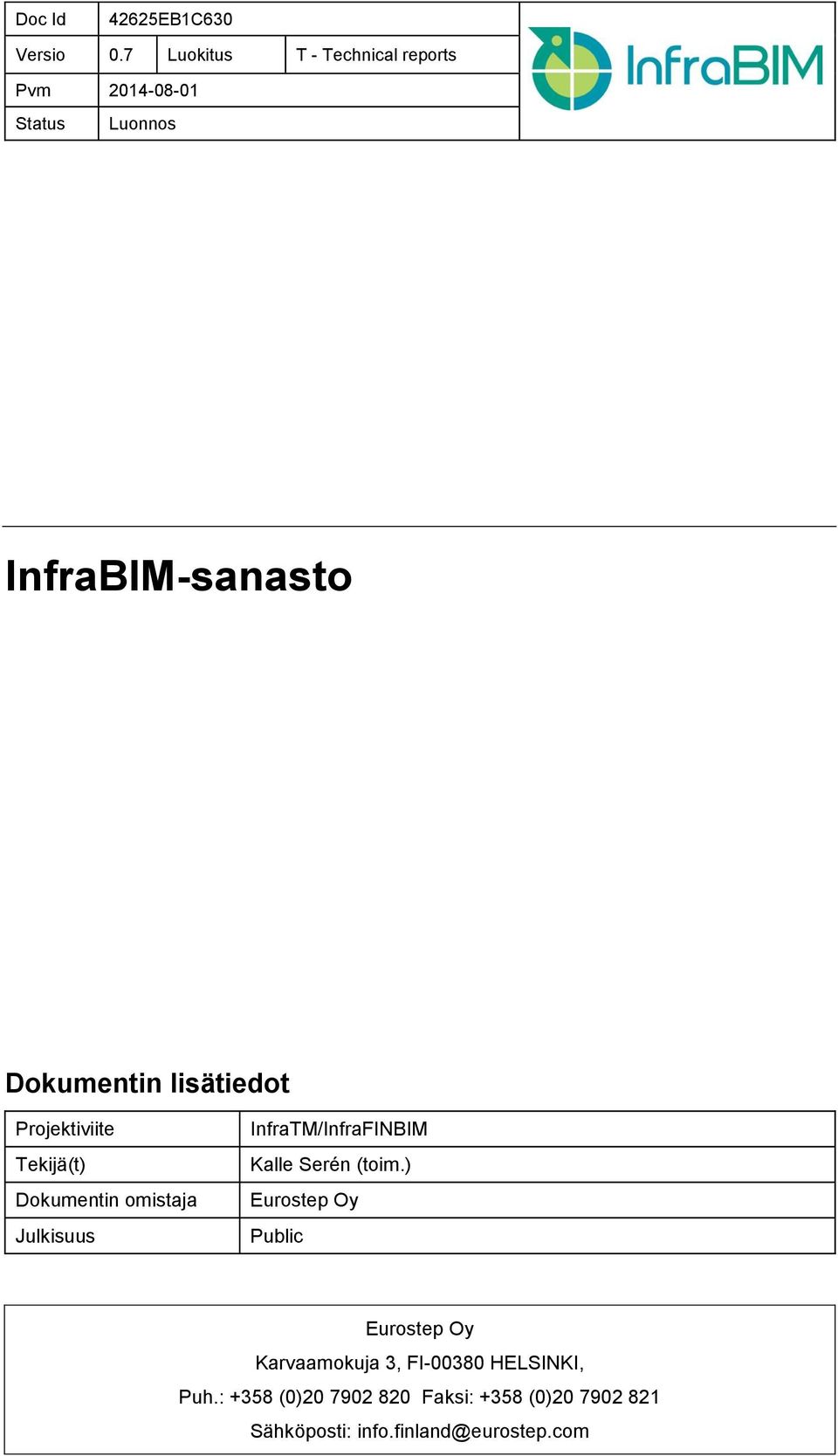 lisätiedot Projektiviite Tekijä(t) Dokumentin omistaja Julkisuus InfraTM/InfraFINBIM Kalle