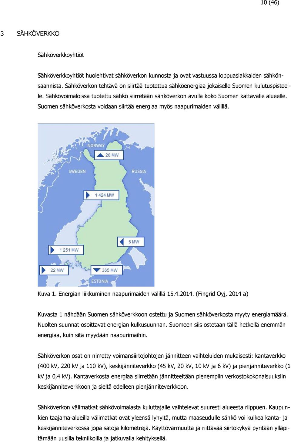 Suomen sähköverkosta voidaan siirtää energiaa myös naapurimaiden välillä. Kuva 1. Energian liikkuminen naapurimaiden välillä 15.4.2014.