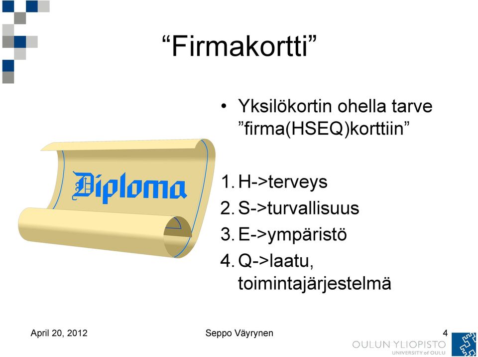 S->turvallisuus 3. E->ympäristö 4.