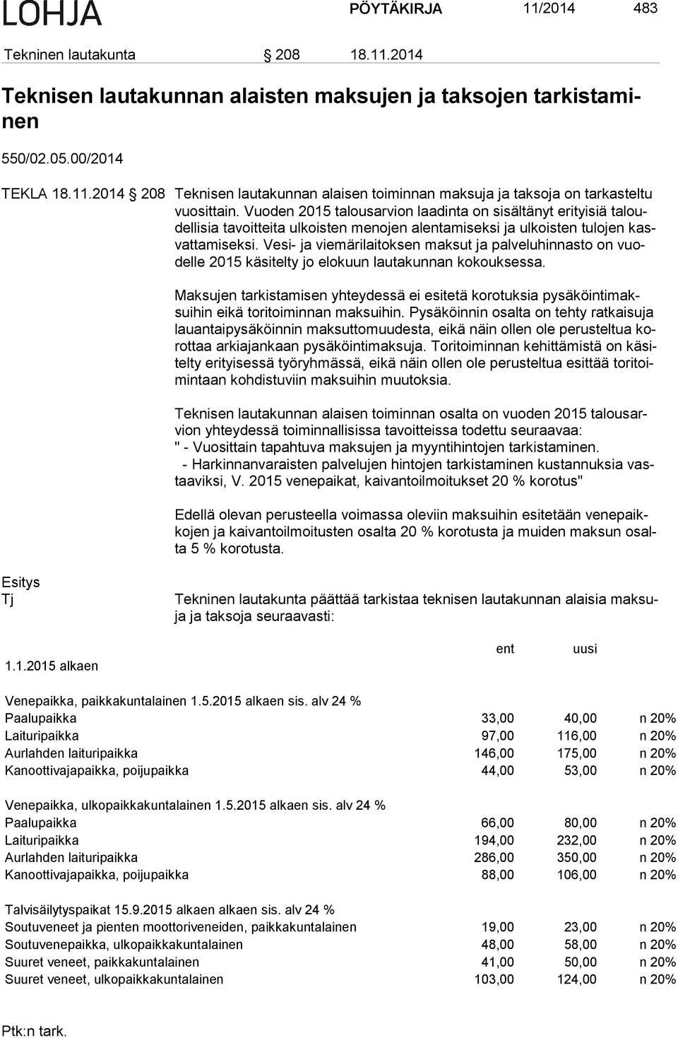 Vesi- ja viemärilaitoksen maksut ja palveluhinnasto on vuodel le 2015 käsitelty jo elokuun lautakunnan kokouksessa.