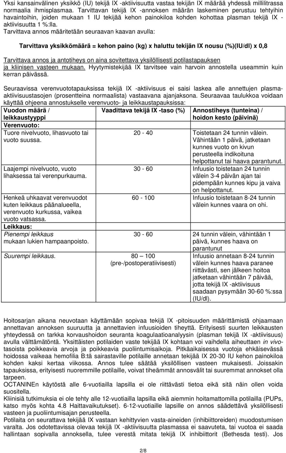 Tarvittava annos määritetään seuraavan kaavan avulla: Tarvittava yksikkömäärä = kehon paino (kg) x haluttu tekijän IX nousu (%)(IU/dl) x 0,8 Tarvittava annos ja antotiheys on aina sovitettava