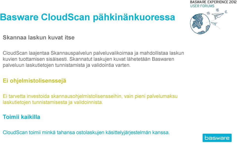 Skannatut laskujen kuvat lähetetään Baswaren palveluun laskutietojen tunnistamista ja validointia varten.
