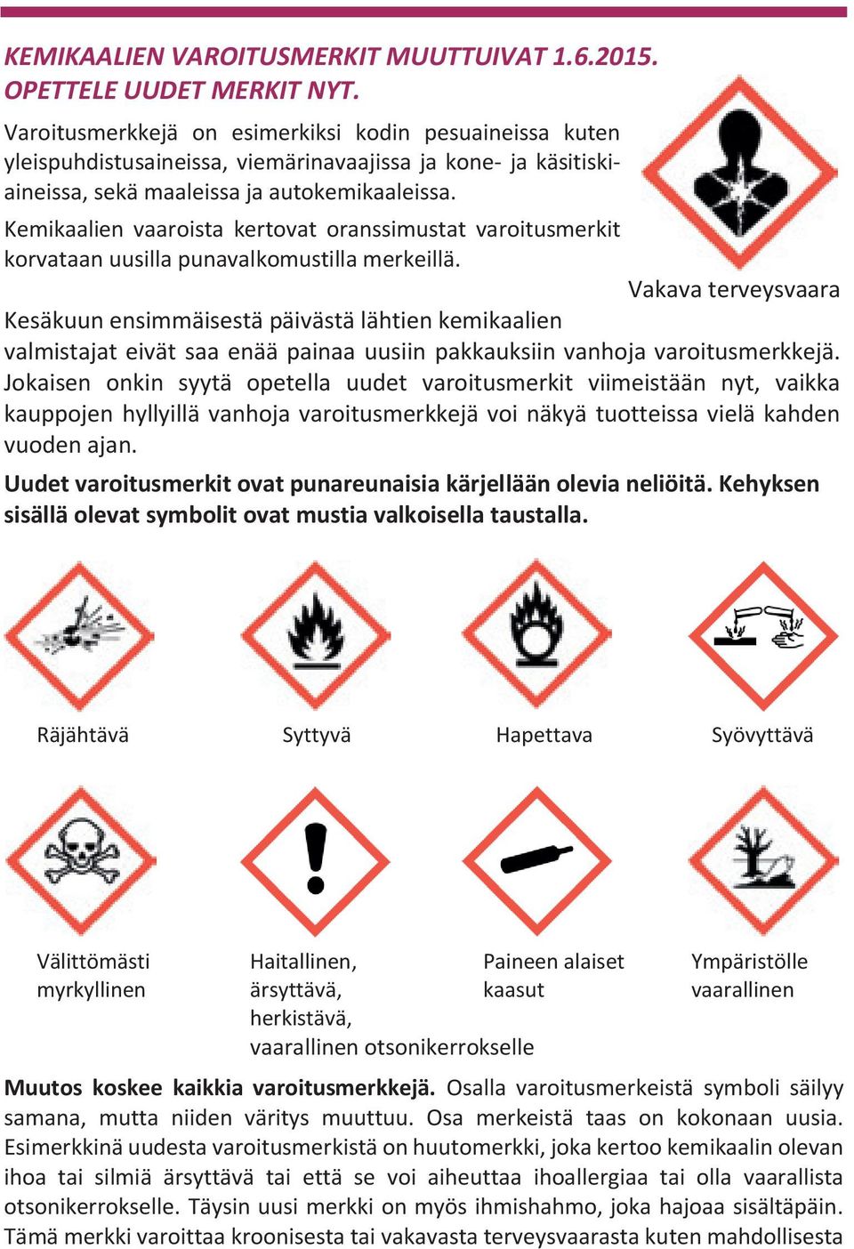 Kemikaalien vaaroista kertovat oranssimustat varoitusmerkit korvataan uusilla punavalkomustilla merkeillä.