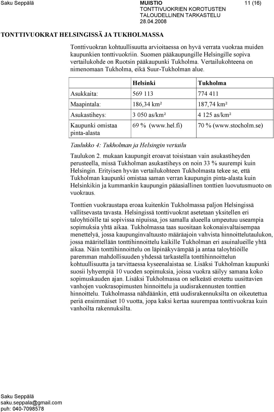 Helsinki Tukholma Asukkaita: 569 113 774 411 Maapintala: 186,34 km² 187,74 km² Asukastiheys: 3 050 as/km² 4 125 as/km² Kaupunki omistaa pinta-alasta Taulukko 4: Tukholman ja Helsingin vertailu 69 %