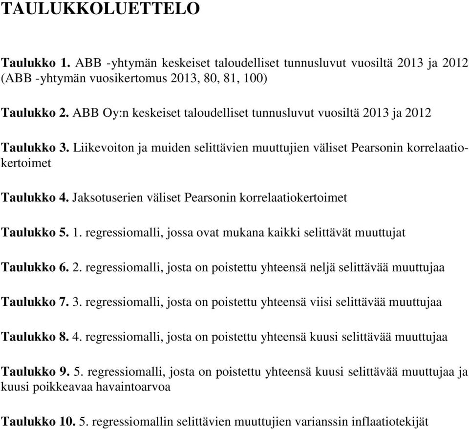 Jaksotuserien väliset Pearsonin korrelaatiokertoimet Taulukko 5. 1. regressiomalli, jossa ovat mukana kaikki selittävät muuttujat Taulukko 6. 2.