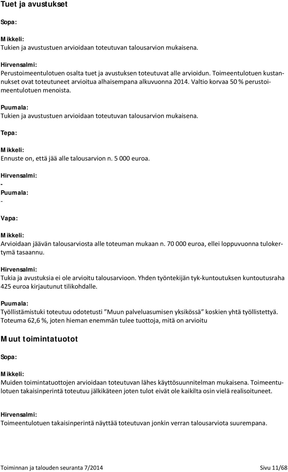 Puumala: Tukien ja avustustuen arvioidaan toteutuvan talousarvion mukaisena. Tepa: Mikkeli: Ennuste on, että jää alle talousarvion n. 5 000 euroa.