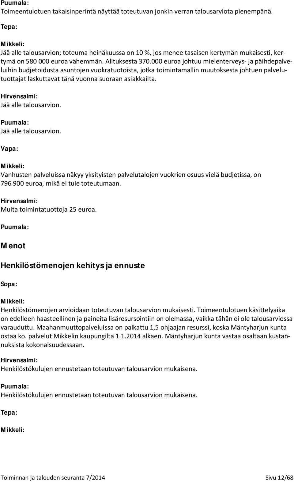 000 euroa johtuu mielenterveys- ja päihdepalveluihin budjetoidusta asuntojen vuokratuotoista, jotka toimintamallin muutoksesta johtuen palvelutuottajat laskuttavat tänä vuonna suoraan asiakkailta.