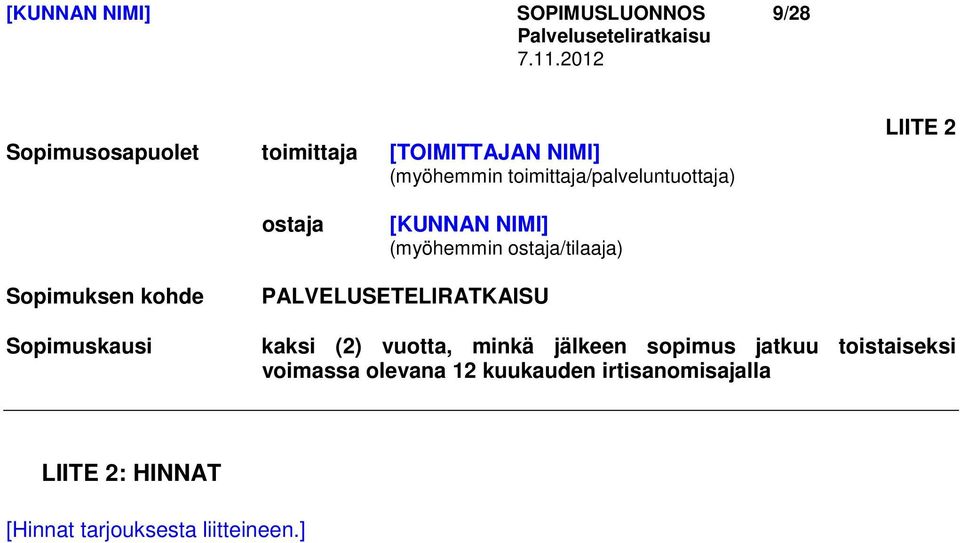 kohde Sopimuskausi PALVELUSETELIRATKAISU kaksi (2) vuotta, minkä jälkeen sopimus jatkuu