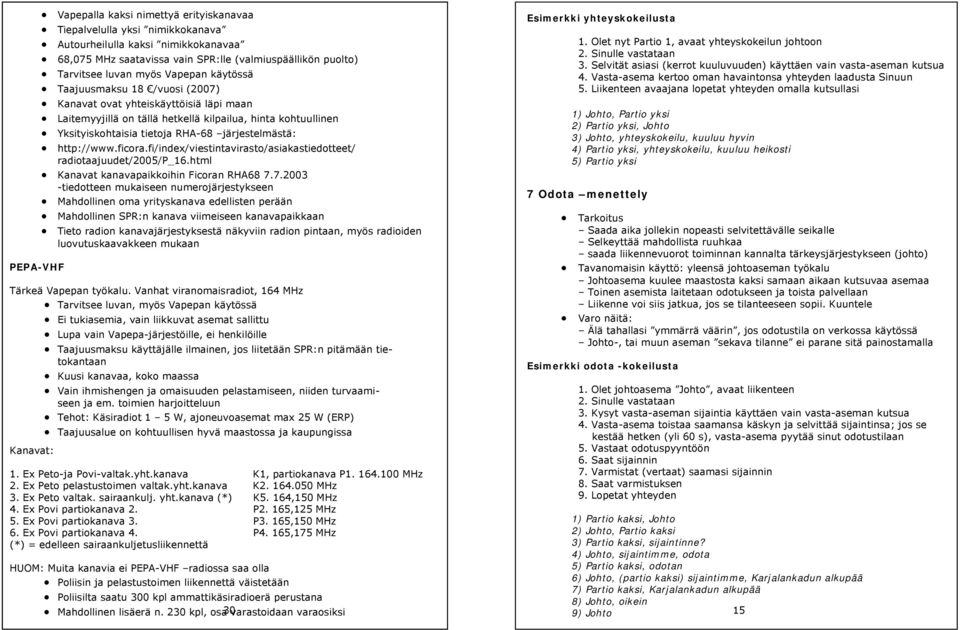 http://www.ficora.fi/index/viestintavirasto/asiakastiedotteet/ radiotaajuudet/2005/p_16.html Kanavat kanavapaikkoihin Ficoran RHA68 7.