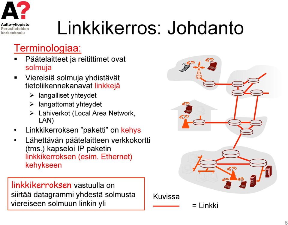 Linkkikerroksen paketti on kehys Lähettävän päätelaitteen verkkokortti (tms.) kapseloi IP paketin linkkikerroksen (esim.