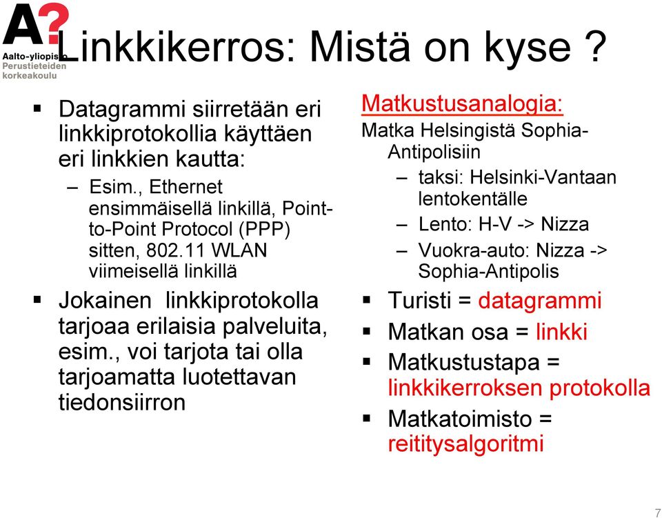11 WLAN viimeisellä linkillä Jokainen linkkiprotokolla tarjoaa erilaisia palveluita, esim.