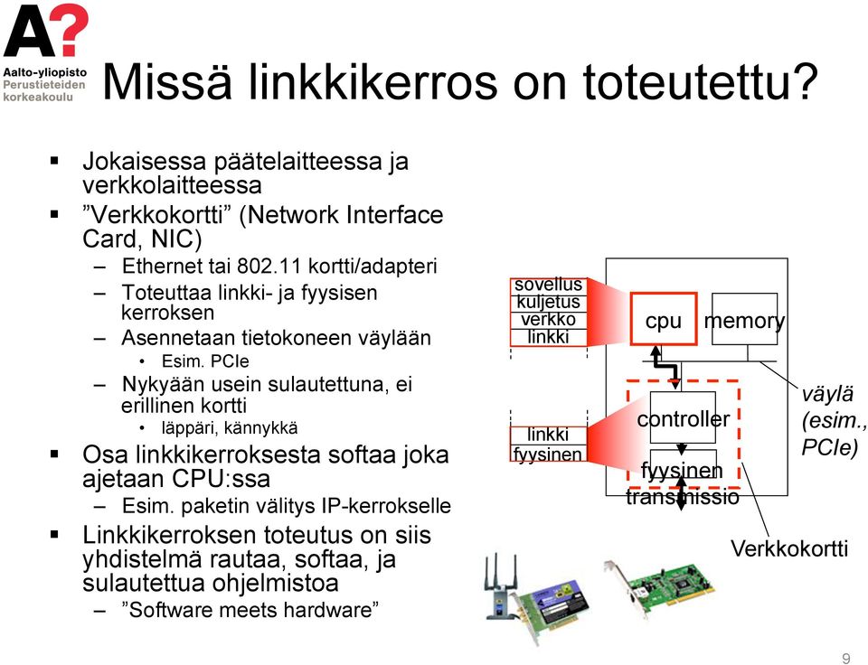 PCIe Nykyään usein sulautettuna, ei erillinen kortti läppäri, kännykkä Osa linkkikerroksesta softaa joka ajetaan CPU:ssa Esim.