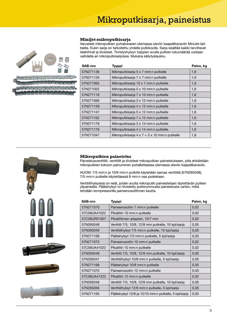 SAB-nro Tyyppi Paino, kg 57N271136 Mikroputkisarja 5 x 7 mm:n putkelle 1,6 57N271126 Mikroputkisarja 7 x 7 mm:n putkelle 1,6 57N271065 Mikroputkisarja 10 x 7 mm:n putkelle 1,6 57N271052