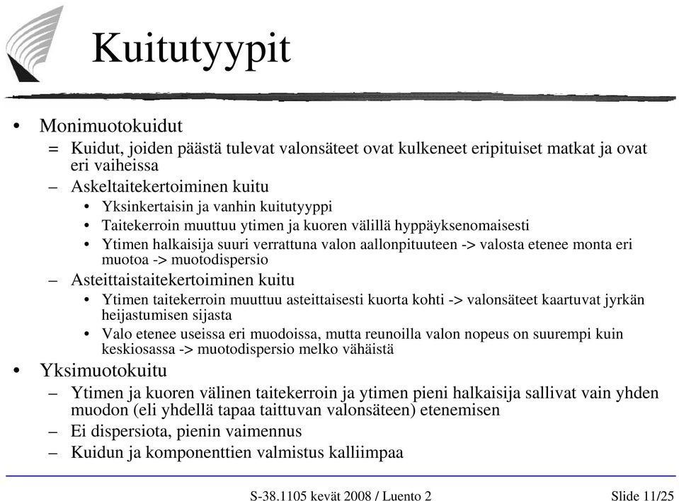 Asteittaistaitekertoiminen kuitu Ytimen taitekerroin muuttuu asteittaisesti kuorta kohti -> valonsäteet kaartuvat jyrkän heijastumisen sijasta Valo etenee useissa eri muodoissa, mutta reunoilla valon