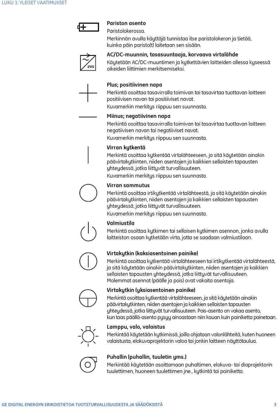 Plus; positiivinen napa Merkintä osoittaa tasavirralla toimivan tai tasavirtaa tuottavan laitteen positiivisen navan tai positiiviset navat. Kuvamerkin merkitys riippuu sen suunnasta.