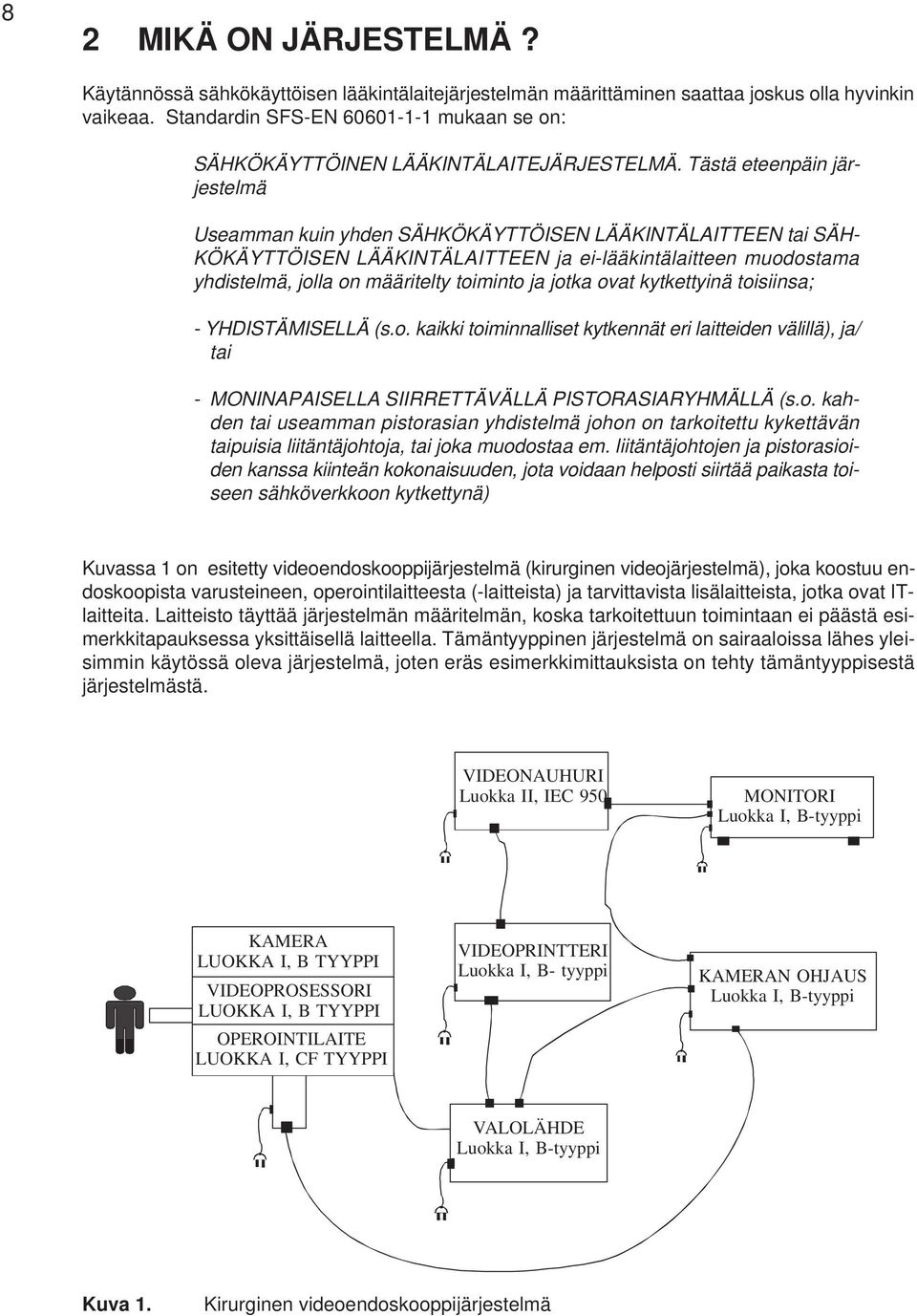 Tästä eteenpäin järjestelmä Useamman kuin yhden SÄHKÖKÄYTTÖISEN LÄÄKINTÄLAITTEEN tai SÄH- KÖKÄYTTÖISEN LÄÄKINTÄLAITTEEN ja ei-lääkintälaitteen muodostama yhdistelmä, jolla on määritelty toiminto ja