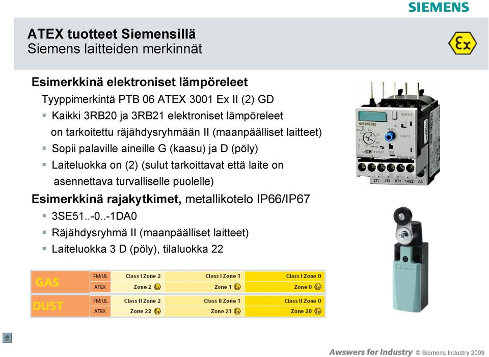 aineille G (kaasu) ja D (pöly) Laiteluokka on (2) (sulut tarkoittavat että laite on asennettava turvalliselle puolelle) Esimerkkinä