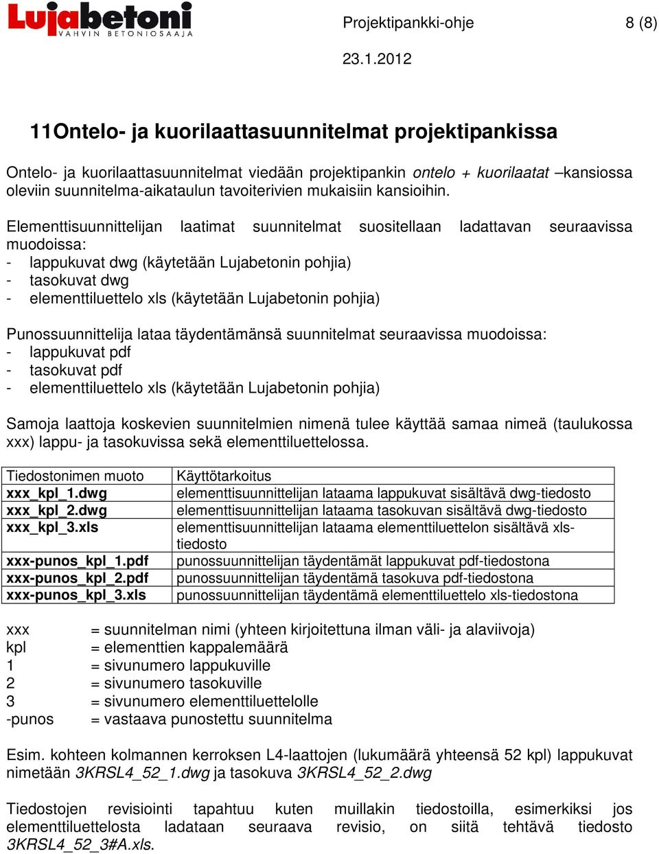 Elementtisuunnittelijan laatimat suunnitelmat suositellaan ladattavan seuraavissa muodoissa: - lappukuvat dwg (käytetään Lujabetonin pohjia) - tasokuvat dwg - elementtiluettelo xls (käytetään