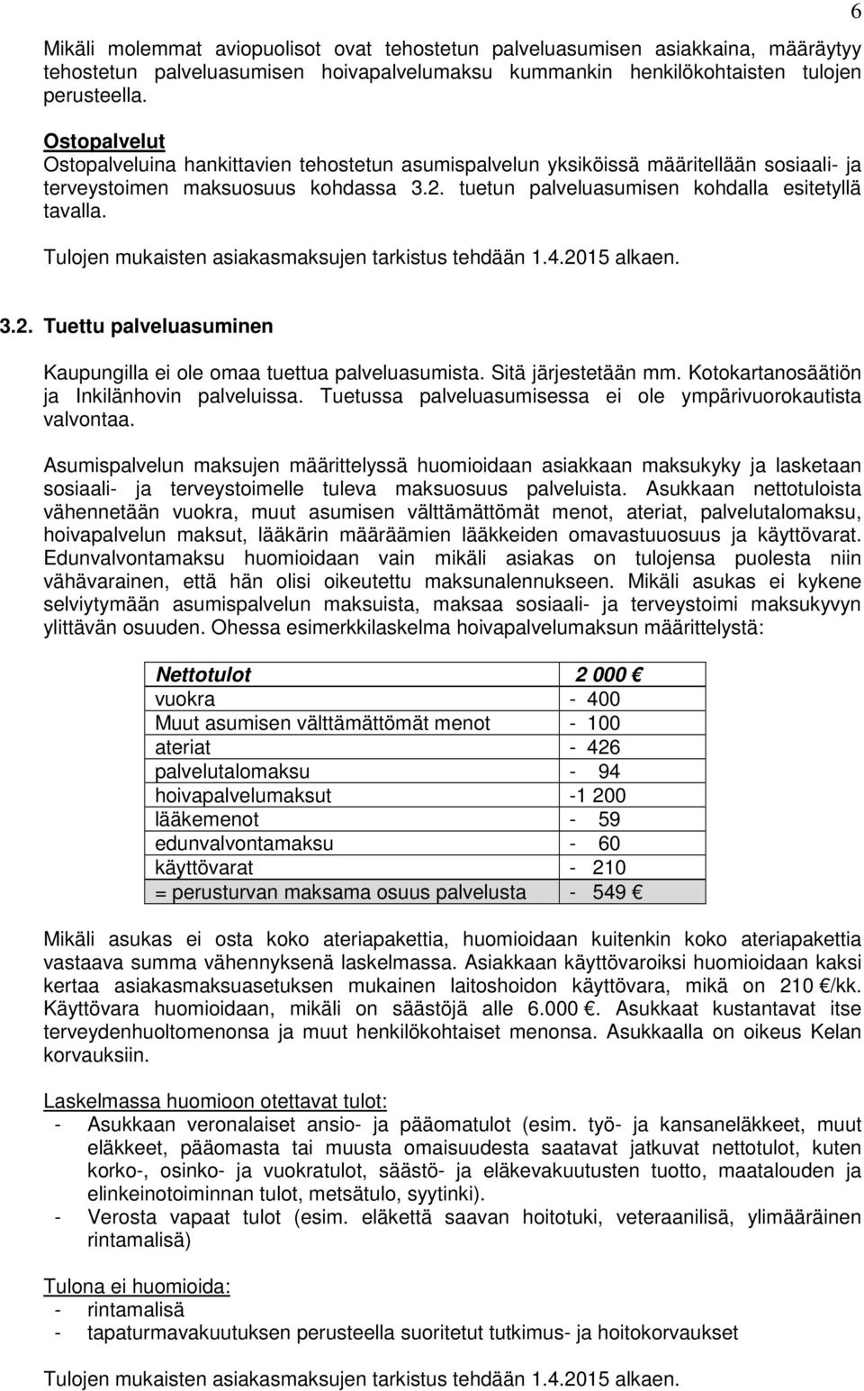 Tulojen mukaisten asiakasmaksujen tarkistus tehdään 1.4.2015 alkaen. 6 3.2. Tuettu palveluasuminen Kaupungilla ei ole omaa tuettua palveluasumista. Sitä järjestetään mm.