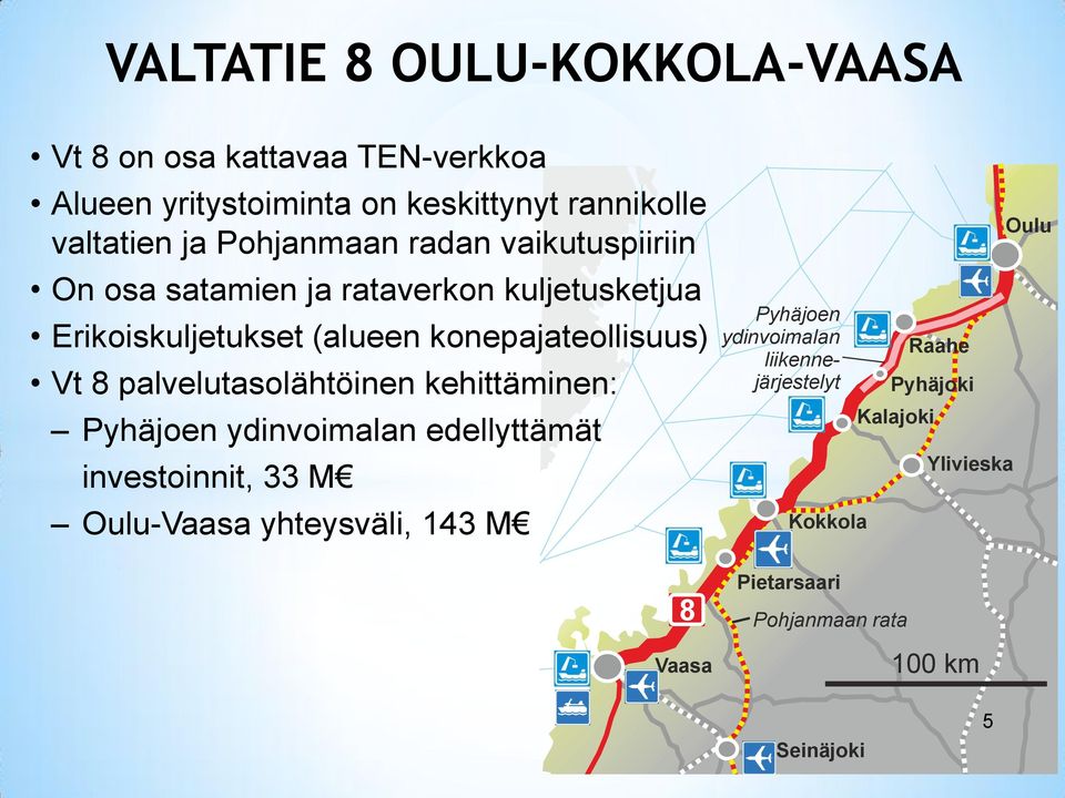 8 palvelutasolähtöinen kehittäminen: Pyhäjoen ydinvoimalan edellyttämät investoinnit, 33 M Oulu-Vaasa yhteysväli, 143 M 8 Vaasa