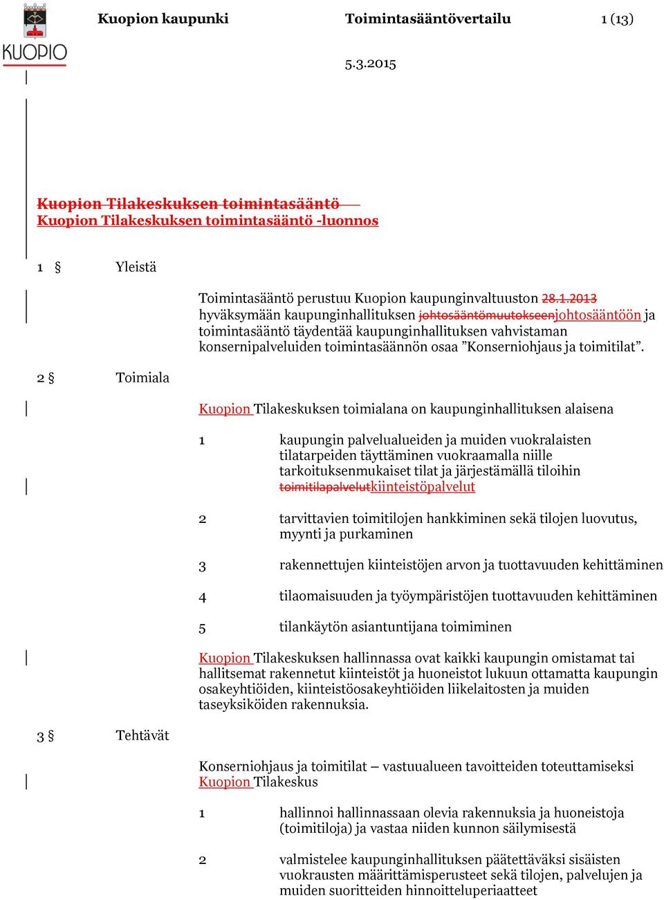 2013 hyväksymään kaupunginhallituksen johtosääntömuutokseenjohtosääntöön ja toimintasääntö täydentää kaupunginhallituksen vahvistaman konsernipalveluiden toimintasäännön osaa Konserniohjaus ja