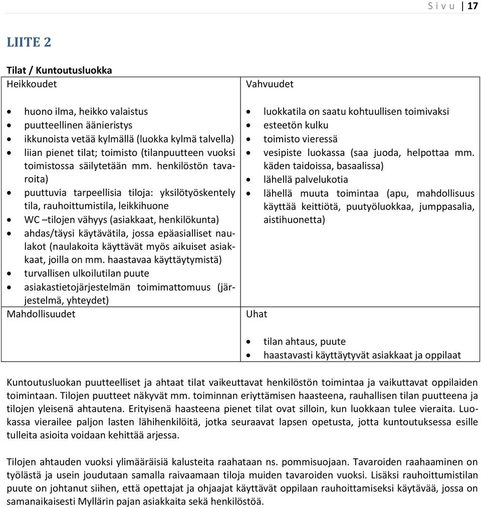 henkilöstön tavaroita) puuttuvia tarpeellisia tiloja: yksilötyöskentely tila, rauhoittumistila, leikkihuone WC tilojen vähyys (asiakkaat, henkilökunta) ahdas/täysi käytävätila, jossa epäasialliset