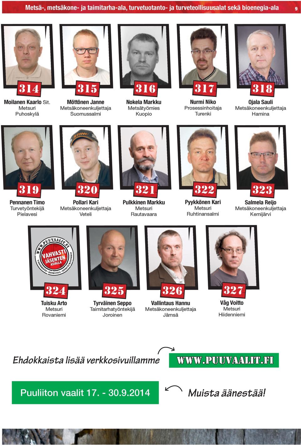 Turvetyöntekijä Pielavesi 320 Pollari Kari Metsäkoneenkuljettaja Veteli 321 Pulkkinen Markku Rautavaara 322 323 Pyykkönen Kari Ruhtinansalmi Salmela Reijo Metsäkoneenkuljettaja Kemijärvi 324