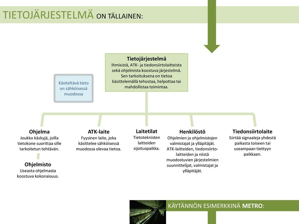 Ohjelmisto Useasta ohjelmasta koostuva kokonaisuus. ATK-laite Fyysinen laite, joka käsittelee sähköisessä muodossa olevaa tietoa. Laitetilat Tietoteknisten laitteiden sijoituspaikka.